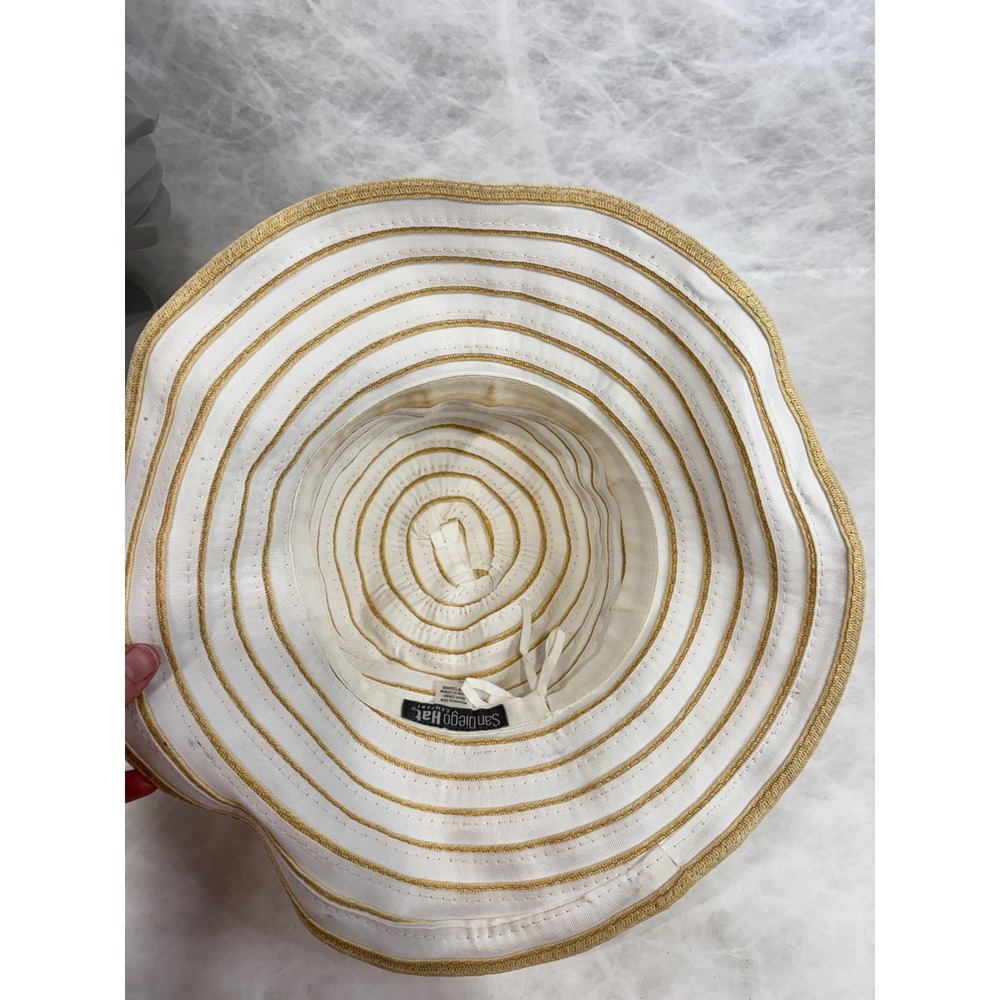 San Diego Hat Company Womens Striped Wide Brim Sun Hat Ivory Tan Ribbon Tie O/S - Picture 5 of 8